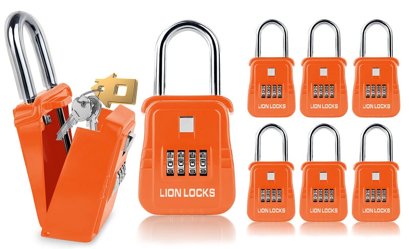 Lion Locks صندوق قفل المفاتيح Lion Locks 1500 مع رمز، صندوق قفل للمفاتيح في الهواء الطلق، صندوق قفل للوسطاء للإيجارات قصيرة الأجل، يحمل 5 مفاتيح (6 عبوات، برتقالي) - Image 1
